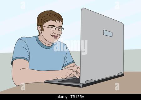 Homme avec portable dans un style dessiné à la main. Vector Illustration. L'homme travaillant seul sur l'ordinateur portable Illustration de Vecteur