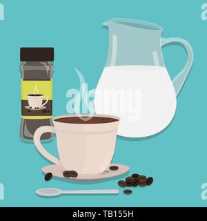Pichet de lait, tasse de café chaud, boisson et café de l'emballage. Dans une cuillère avant de la tasse. Fond bleu. Illustration de Vecteur