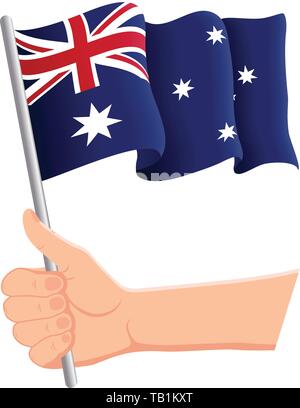 Main tenant et en agitant le drapeau national de l'Australie. Fans, le jour de l'indépendance, concept patriotique. Illustration vectorielle, eps 10. Illustration de Vecteur