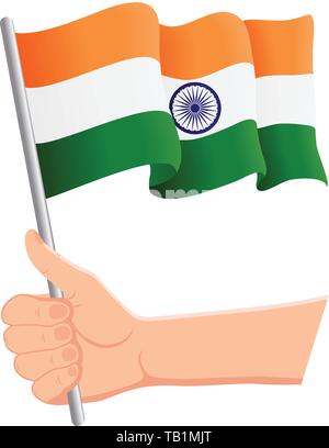 Main tenant et agitant le drapeau national de l'Inde. Fans, jour de l'indépendance, concept patriotique. Illustration vectorielle Illustration de Vecteur