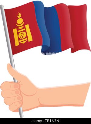 Main tenant et agitant le drapeau national de la Mongolie. Fans, jour de l'indépendance, concept patriotique. Illustration vectorielle Illustration de Vecteur
