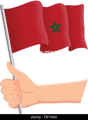 Main tenant et agitant le drapeau national du Maroc. Fans, jour de l'indépendance, concept patriotique. Illustration vectorielle Illustration de Vecteur