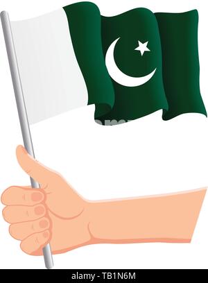 Main tenant et agitant le drapeau national du Pakistan. Fans, jour de l'indépendance, concept patriotique. Illustration vectorielle Illustration de Vecteur