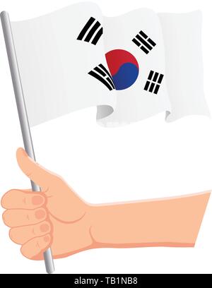 Main tenant et en agitant le drapeau national de la Corée du Sud. Fans, le jour de l'indépendance, concept patriotique. Vector illustration Illustration de Vecteur