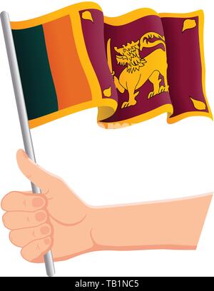 Main tenant et en agitant le drapeau national du Sri Lanka. Fans, le jour de l'indépendance, concept patriotique. Vector illustration Illustration de Vecteur