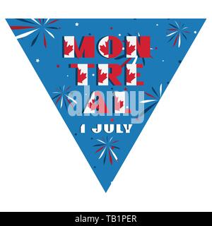 Bonne fête du Canada Fête du drapeau triangulaire planaire de typographie moderne festivals avec les rouges et blancs sur fond bleu feu d'artifice efficace. Illustration de Vecteur