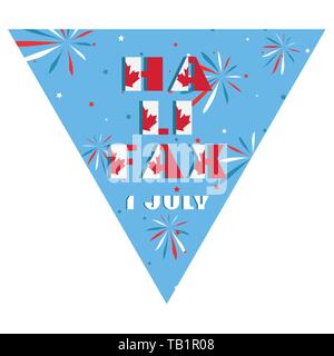 Bonne fête du Canada Fête du drapeau triangulaire planaire de typographie moderne festivals avec les rouges et blancs sur fond bleu feu d'artifice efficace. Illustration de Vecteur