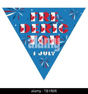 Bonne fête du Canada Fête du drapeau triangulaire planaire de typographie moderne festivals avec les rouges et blancs sur fond bleu feu d'artifice efficace. Illustration de Vecteur