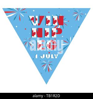 Bonne fête du Canada Fête du drapeau triangulaire planaire de typographie moderne festivals avec les rouges et blancs sur fond bleu feu d'artifice efficace. Illustration de Vecteur