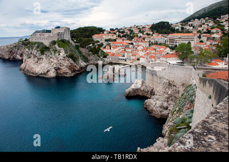 Formulaire sur les murs de la vieille ville de Dubrovnik, une citadelle du xvie siècle et haut lieu touristique sur la mer Adriatique. Banque D'Images