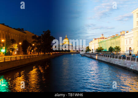 Collage time-lapse de Jour à Nuit de transition. Belle vue sur la rivière Moïka et bâtiments historiques de l'Potseluev Bridge, Saint Petersburg, R Banque D'Images