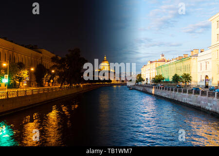 Collage time-lapse de Jour à Nuit de transition. Belle vue sur la rivière Moïka et bâtiments historiques de l'Potseluev Bridge, Saint Petersburg, R Banque D'Images