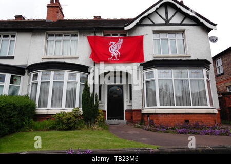 Liverpool, Royaume-Uni. 29 mai, 2019. Maisons de Liverpool, décorée de drapeaux et bannières avant la finale de la Ligue des Champions contre Tottenham à Madrid le samedi 1er juin. Credit : Ken biggs/Alamy Live News Banque D'Images