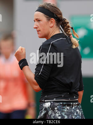 Paris, France. 30 mai, 2019. Victoria Azarenka du Bélarus réagit au cours de la féministe des célibataires deuxième tour avec Naomi du Japon d'Osaka à l'Open de France 2019 Tournoi de tennis à Roland Garros, à Paris, France le 30 mai 2019. Victoria Azarenka a perdu 1-2. Credit : Han Yan/Xinhua/Alamy Live News Banque D'Images