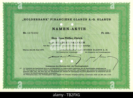 Certificat d'action historique de Swiss, Wertpapier, Aktie über 100 Schweizer Franken, Holderbank Financière Glaris A.-G., Zürich, Schweiz, 1970, Europa Banque D'Images