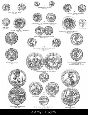 Pièces anciennes, de l'argent à partir de la 5e à la 17e siècle, la numismatique, Historische, zeichnerische Darstellung, antike Münzen ( moneta), Zahlungsmittel aus dem 5. bis 17. Jahrhundert, Numismatik, Meyers Konversations-Lexikon von 1890 aus Banque D'Images