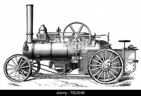 Charrue à vapeur, un tracteur agricole ou d'une locomotive propulsée par un moteur à vapeur, 19e siècle, Historische, Darstellung, Dampfpfug zeichnerische, landwirtschaftliche Lokomotive oder Traktor von einer Dampfmaschine angetrieben, 19. Jahrhundert, aus Meyers Konversations-Lexikon von 1890 Banque D'Images