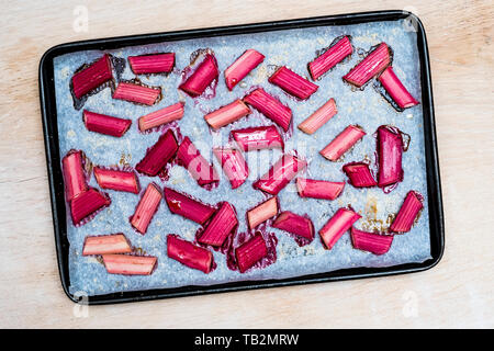 High angle close up de tranches de rhubarbe sur une plaque de cuisson. Banque D'Images