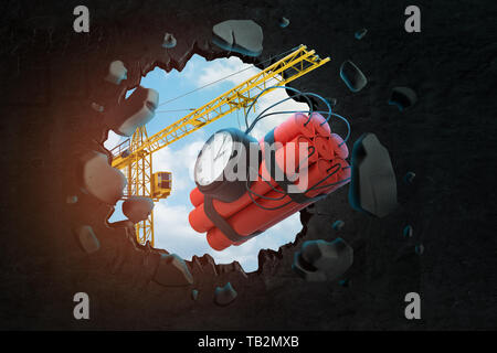 Le rendu 3D de grue de levage transportant de la dynamite avec time bomb et casser mur laissant des trous avec ciel bleu vu à travers. Banque D'Images