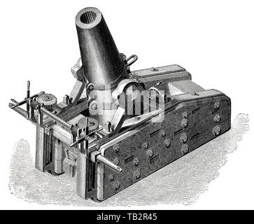 Le siège allemand de mortier et d'artillerie de forteresse dans un chariot mobile, 19e siècle, Geschütze und Kanonen, Mörser der deutschen Belagerungs Festungsartillerie- und dans fahrbarer Lafette, 19. Jahrhundert, aus Meyers Konversations-Lexikon, 1889 Banque D'Images