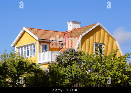 Vue extérieure d'un sol en bois de deux étages jaune 1920 maison unifamiliale en partie caché derrière des arbres dans son jardin. Banque D'Images