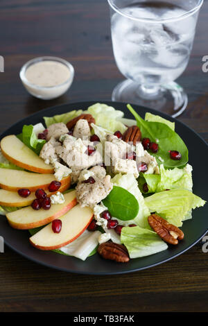 Salade avec la Turquie, la laitue, les épinards, les tranches de pommes, graines de grenade, fromage bleu et vinaigrette dijonnaise au miel. Table en bois sombre, haute résolution Banque D'Images