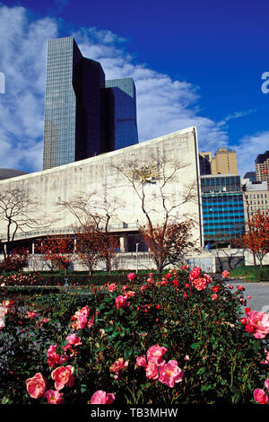 Vue depuis le jardin de rose sur complexe des Nations Unies de premier plan ; Bâtiment des Nations Unies à New York City, New York, USA Banque D'Images