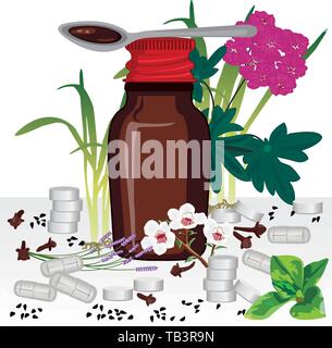 Bouteille de Sirop homéopathique et des herbes médicales. Médicament comprimés et gélules vector illustration isolé sur fond blanc Illustration de Vecteur