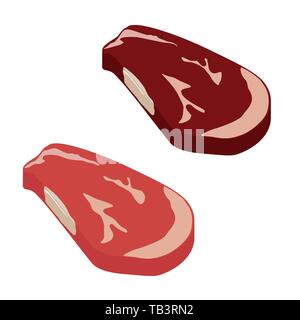 Matières premières fraîches et frit, viande grillée, Pavé de boeuf isolé sur fond blanc vue isométrique Illustration de Vecteur
