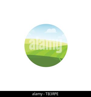 Des fermes, champs et pâturages concept logo. Paysage rural. Label pour les produits de ferme, produits agricoles. Logotype isolé sur fond blanc. Illustration de Vecteur