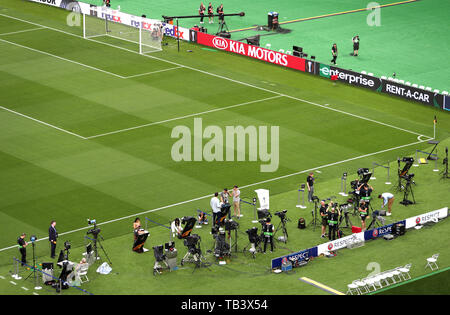 Une vue générale de la préparation des supports avant le match lors de la finale de l'UEFA Europa League au Stade Olympique, Baku, Azerbaïdjan. Banque D'Images