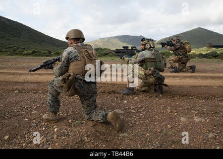 Les Marines américains avec des Groupe Force-Crisis Response-Africa air-sol marin 19.2, Forces maritimes de l'Europe et l'Afrique, et les membres de la sécurité militaire italien prendre positions pour une récupération tactique interarmées d'aéronefs et du personnel au cours de répétition de l'exercice Joint Stars 2019 à Capo Teulada, Sardaigne, Italie.Joint Stars 2019 est un exercice de formation bilatérale entre les forces armées italiennes et les Marines américains. SPMAGTF-CR-AF est déployée pour effectuer d'intervention en cas de crise et le théâtre des opérations de la sécurité en Afrique et de promouvoir la stabilité régionale en effectuant des exercices de formation militaire e Banque D'Images