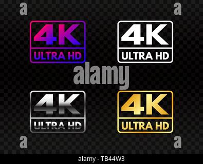 4K Ultra HD fixé sur fond transparent. Icon Collection haute définition. Symbole UHD en or et argent. La résolution 4K marque de couleur. Laboratoire vidéo Full HD Illustration de Vecteur