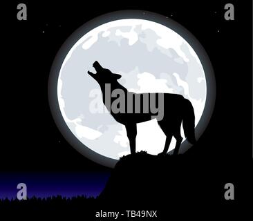 Vector illustration. Loup de la nuit pour hurler une lune géante. Illustration de Vecteur