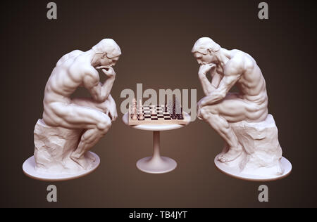 Deux penseurs réfléchir le jeu d'échecs sur fond brun. 3D Illustration. Banque D'Images