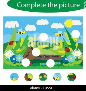 Complétez le puzzle et trouver les parties manquantes de la photo d'insectes, des fun jeu pour les enfants de l'éducation préscolaire, de l'exercice pour les enfants, tâche pour Illustration de Vecteur