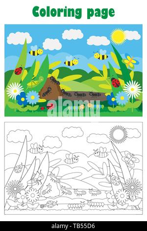 Avec Glade et insectes fleurs dans un style cartoon, été page à colorier, de l'éducation jeu de papier pour le développement des enfants, pour les enfants activité préscolaire Illustration de Vecteur