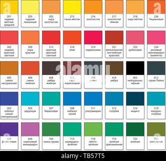 Palette de base aquarelle, peinture artistique set N°40. Aquarelle principal pigment essentiel catalogue échantillons avec des numéros et noms de swatch (en russe). Illustration de Vecteur