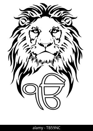 Le Lion et le symbole le plus significatif du sikhisme - Inscrivez-Ek Onkar, dessin de tatouage, sur un fond blanc Banque D'Images