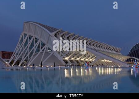 Science Museum, Musée de les sciences, crépuscule, l'heure bleue, ACE, Ciutat des Arts i les Ciencies, architecte Santiago Calatrava, Valencia, Espagne Banque D'Images