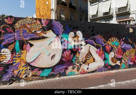 La fille de fleur avec les chats, graffito par la Communauté Valencienne streetart artiste Julieta xlf, Carme district, vieille ville, Valencia, Espagne Banque D'Images