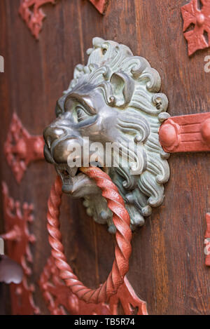 Ornate door knocker Lion sculpture Vue de côté Banque D'Images