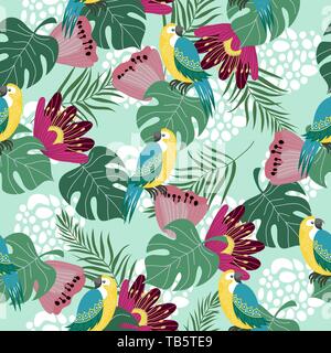 Hand drawn seamless pattern avec les oiseaux tropicaux, de fleurs et de feuilles sur fond bleu. Vector illustration télévision de perroquets . Illustration de Vecteur