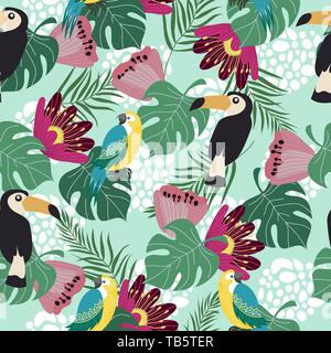 Hand drawn seamless pattern avec les oiseaux tropicaux, de fleurs et de feuilles sur fond bleu. Vector illustration télévision de perroquets et toucans . Illustration de Vecteur