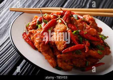 Poulet szechuan chinois en sauce épicée à l'ail et le piment close-up sur une plaque sur la table horizontale. Banque D'Images