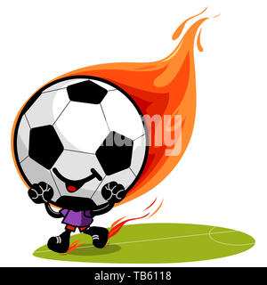 Dessin animé flamboyant de football sur fond blanc. Un personnage de ballon de football brûlant qui court sur le terrain de football. Banque D'Images