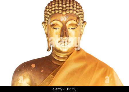 Tête de Bouddha en or isolé sur fond blanc . Banque D'Images