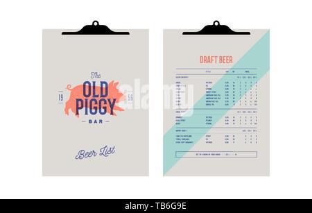 Identité de marque définie pour Beer Bar, Pub. Étiquette vintage old school, logo, menu modèles avec couvercle et liste de texte modèle. Menu presse-papiers graphiques Vintage Illustration de Vecteur