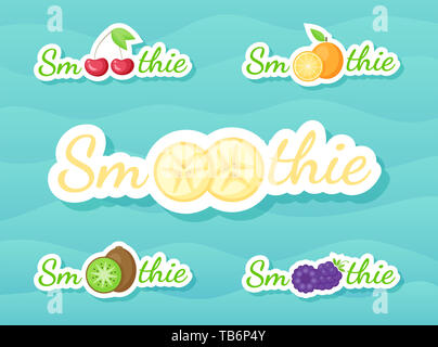 Berry smoothie aux fruits et verre sticker set illustration. Smoothie de fruits naturels avec cadre blanc en signe à Fresh smoothies cocktail autocollant pour offrir ou signe dessin art promotion magasin Banque D'Images