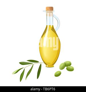 Le flacon en verre avec de l'huile d'olive, olives vertes immatures et direction générale de la feuille. Texte modèle de carte. Culture oilbearing Oilplant Illustration de Vecteur